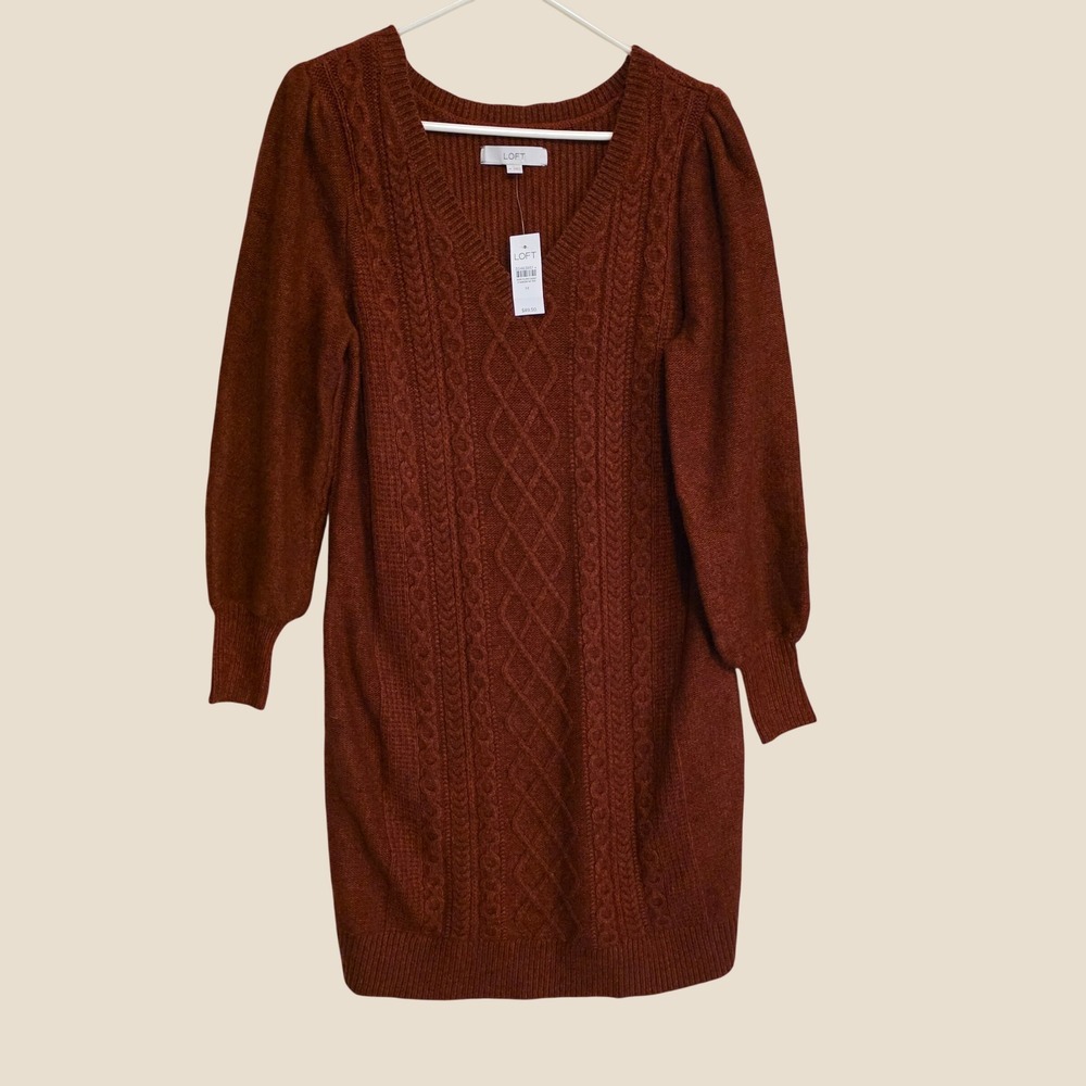LOFT Womens Sweater Dress Size Medium Rust Orange Cable Knit Fall Autumn